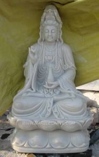 Kwanyin Statue Sitting on Lotus Flower Marble Guan Yin carving Sculpture Garden carving photo image