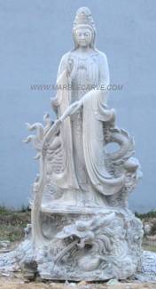 Kwanyin and Dragon Statue, Marble Guan Yin carving Sculpture Garden carving photo image